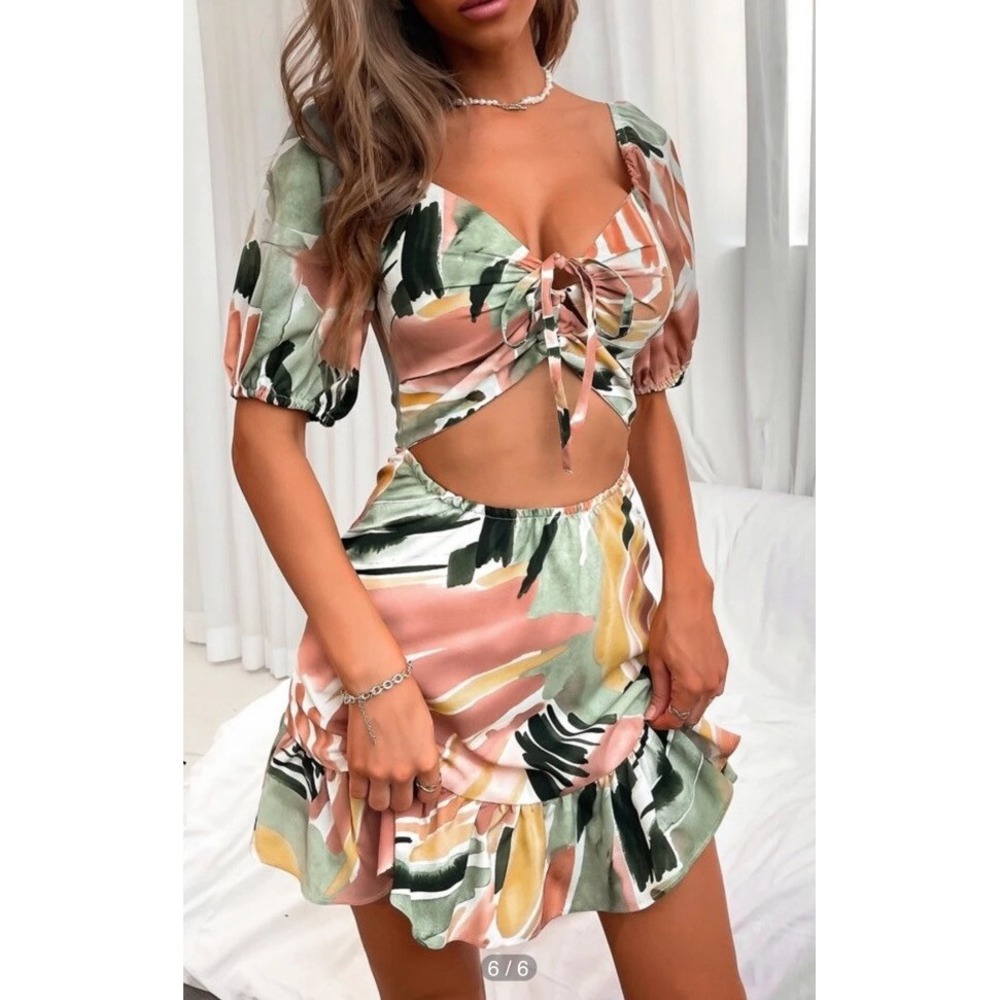 Shein Milkmaid Tie Top Dress Cut Out Ruffle Hem Unity Brush Print Peasant Small